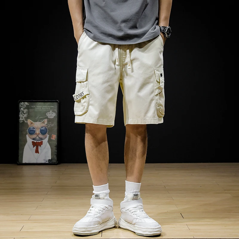 

Solid color summer heavy cotton wash vintage cargo shorts men's fashion brand loose plus-size casual five quarter medium pants
