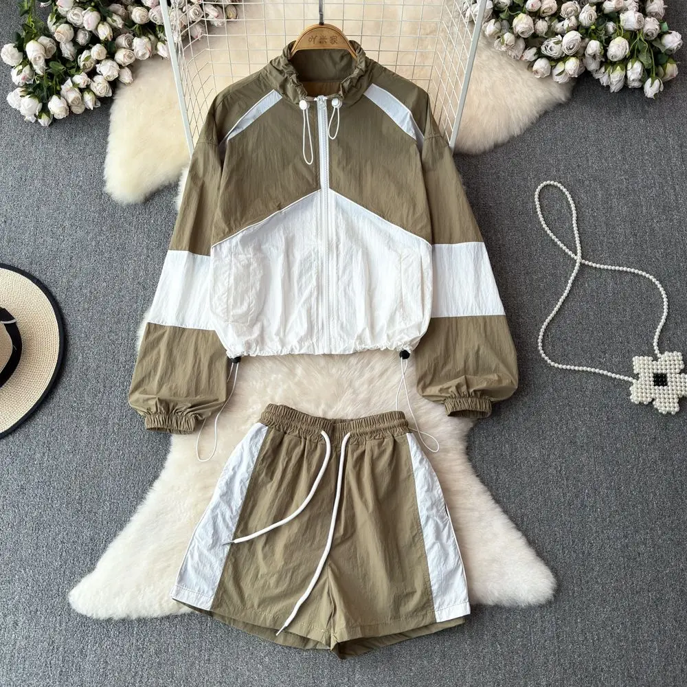 

Casual sports colorblocking suit women summer beach sunscreen breathable clothes jacket wide-legged shorts two-piece set 2024