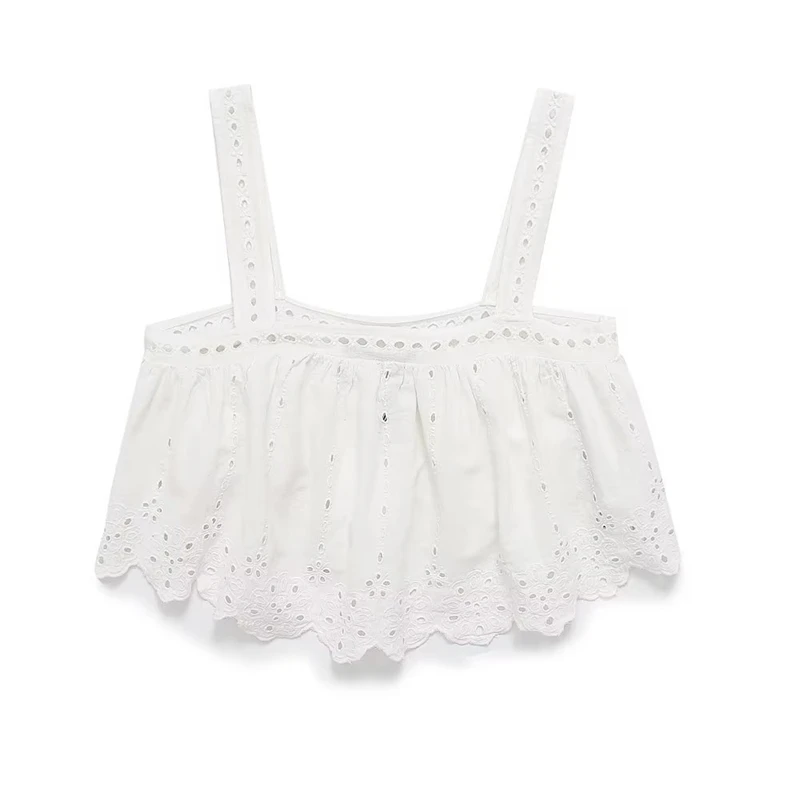

Summer New Sexy Open Back One Word Collar Embroidery Hollow Short Suspenders Linen Blended Loose Top Women's