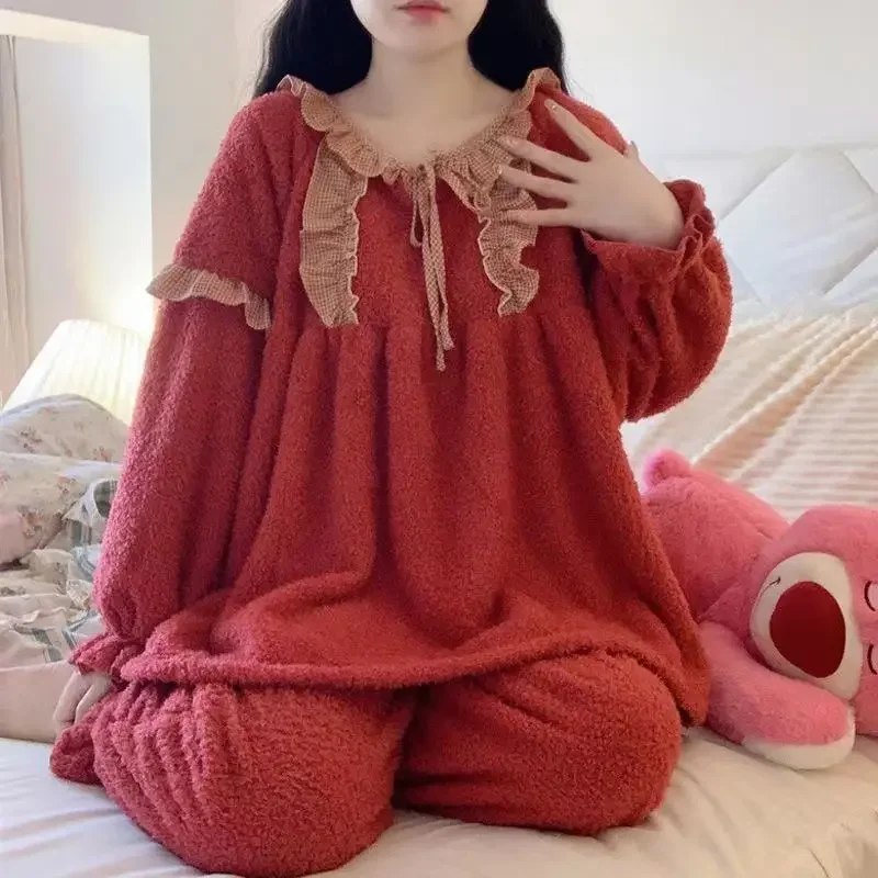 thumbnail image 1 of Conjunto de pijama de dos piezas para mujer, ropa de casa gruesa y cálida, Red de terciopelo Coral rojo, talla grande, otoño e invierno, nuevo, 1 of 4