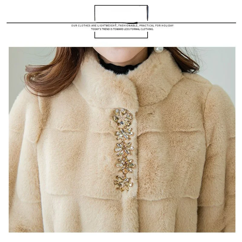 2023 New Women Winter Faux Fur Coat Mid Length Version Furs Overcoat Loose Adding Jacket Artificial Fur Collar Outwear