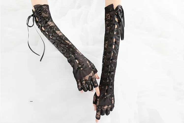 Fancy Satin Lace Up Bandage Gloves Clothes Accessory  Long Fingerless Gloves Women Gothic Punk Rock Costume Lolita Accessories