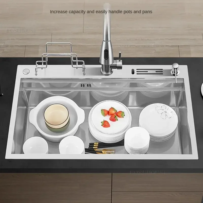 304 Stainless Steel Kitchen Sink Bar Single Basin Multi-function Kitchen Dish Sink with Knife Holder Home Nano Large Single-slot 3