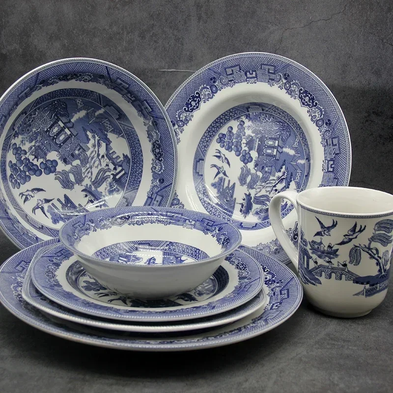 The Blue Willow Dinner Set Elegant England Style Ware Ceramic Breakfast Plate Beef Dishes Dessert Dish Soup Bowl