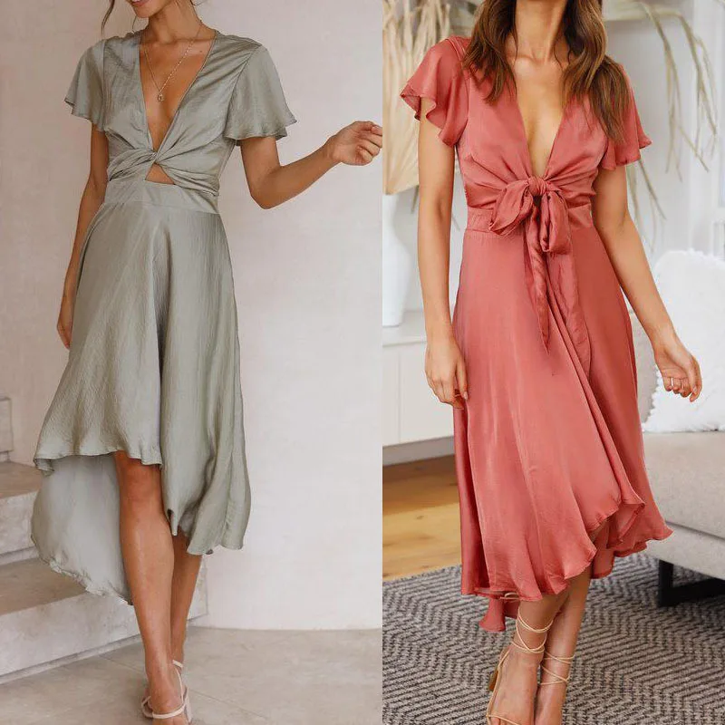 

Women Solid Color Dress Fashion Knots Ribbed Plain Summer Long Party/Club/Bar Dress