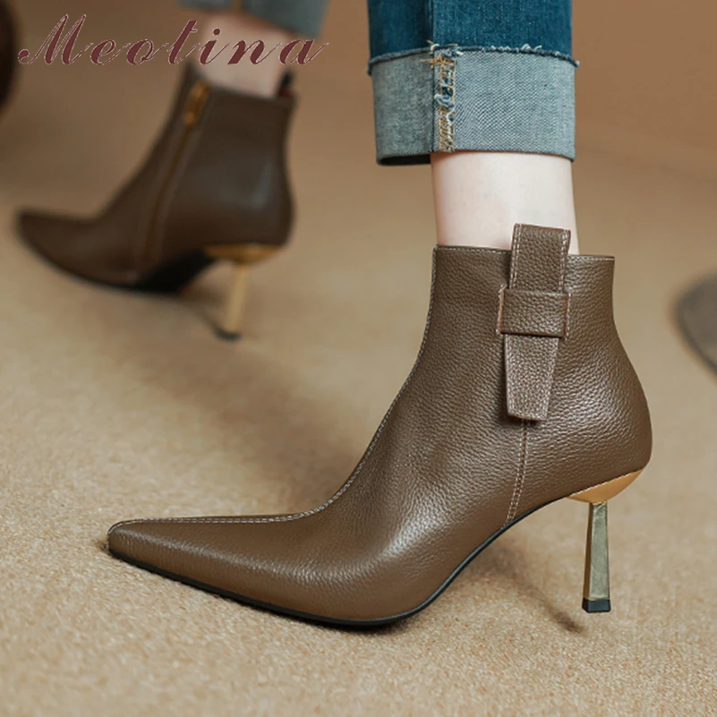 

Meotina Women Genuine Leather Ankle Boots Pointed Toe Thin High Heels Zipper Short Boots Ladies Fashion Shoes Winter Khaki Black