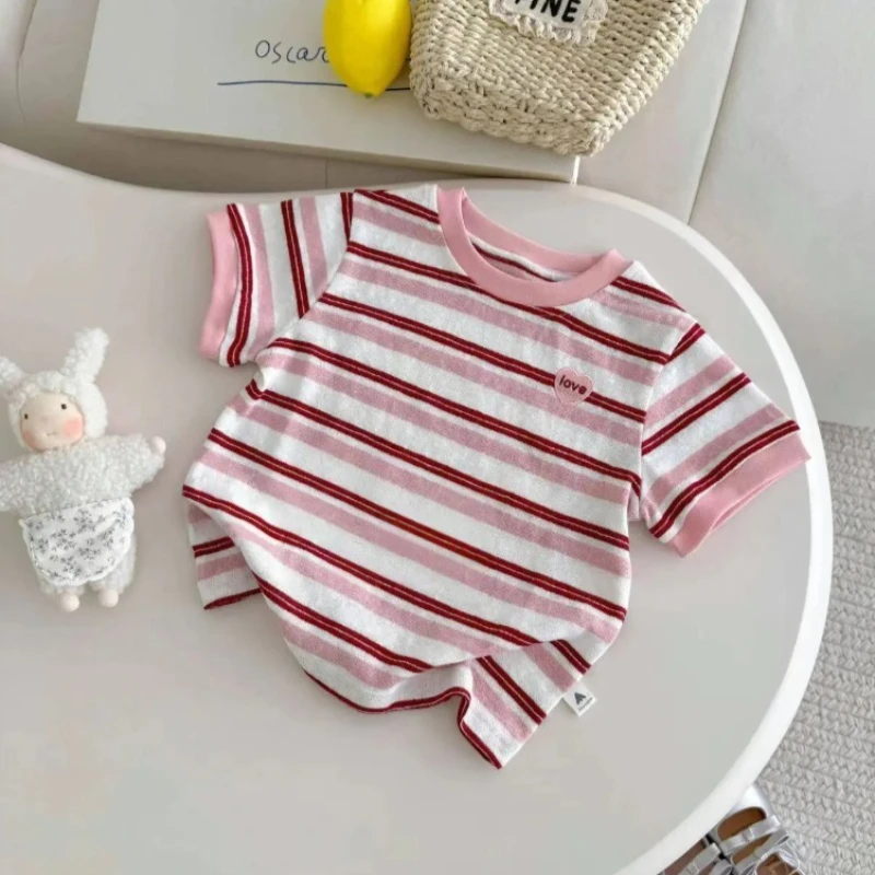 Girls Clothes Summer New Top 1-5 Years Children Pink Striped Round Neck T-shirt Fashion Casual Short Sleeve Color Blocked - 4