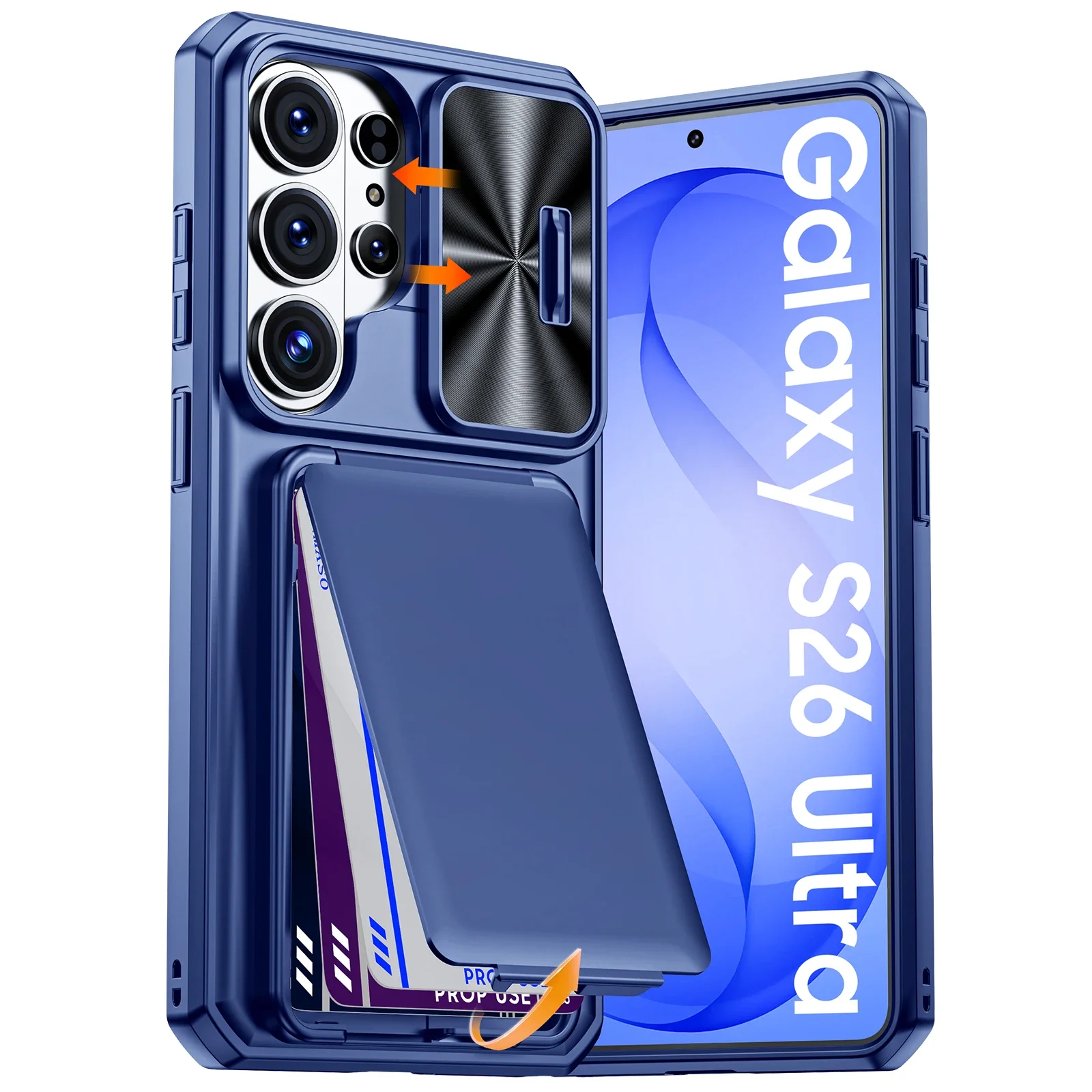 Blue Wallet Phone Case with Card Holder, Sliding Camera Cover, and Stand - Anti-Fall PC+TPU