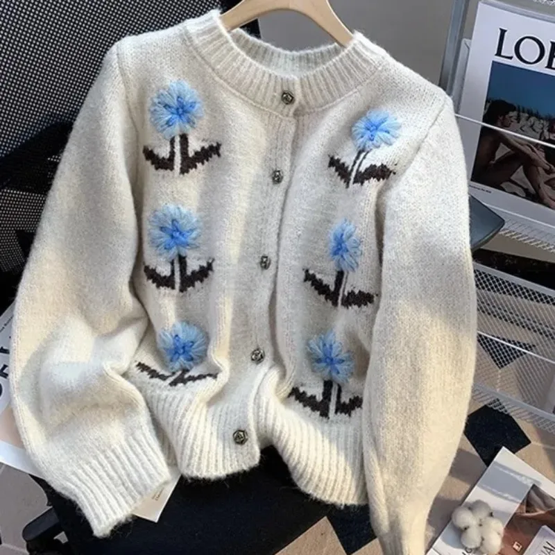 

Autumn Winter Long Sleeve O-Neck Sweater French Embroidered Knitted Cardigan Casual Office Lady Jacket Outerwear Chic 29997