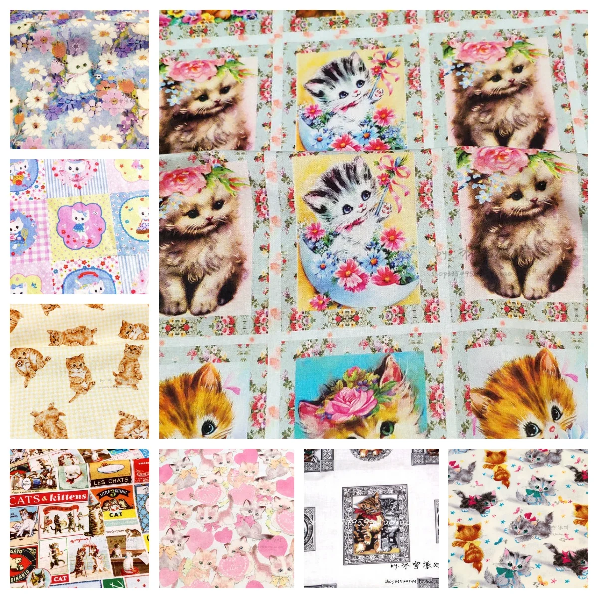 17 Cats Collection-BTY 1 Yard Cotton Woven Fabric-Retro Cartoon Animals, Vintage Cat Card and Rose Cute Advertising Poster