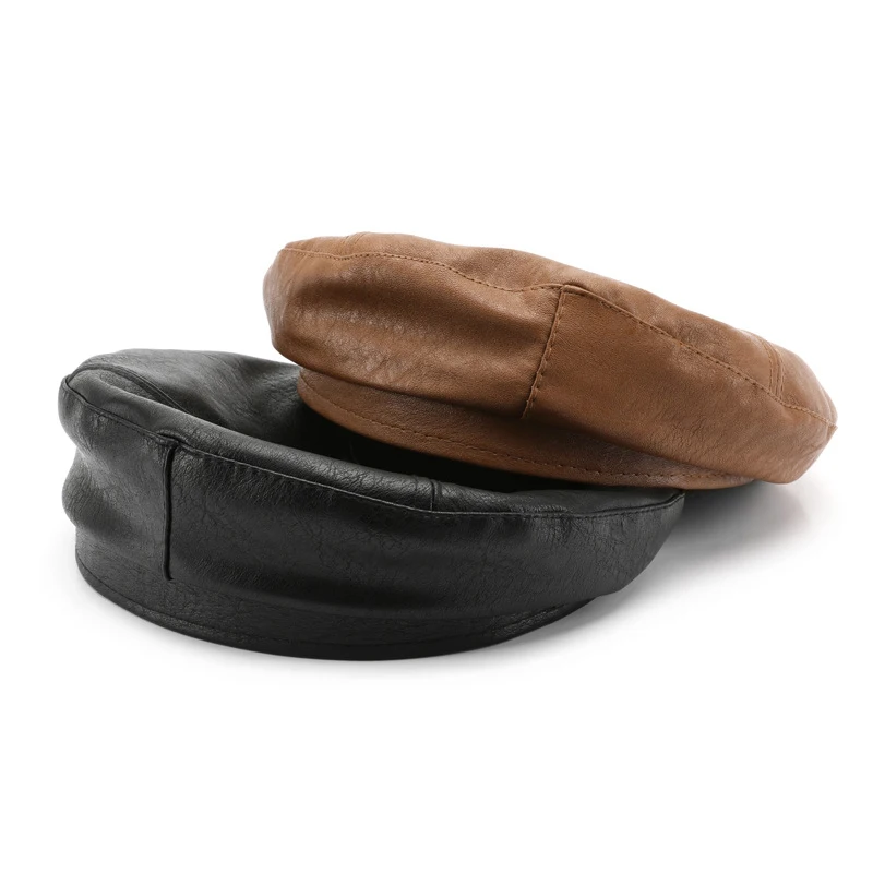 

New Autumn Winter Solid PU Leather Beret for Women Retro Newsboy Octagonal Hat Versatile Painter Cap Clothing Accessories