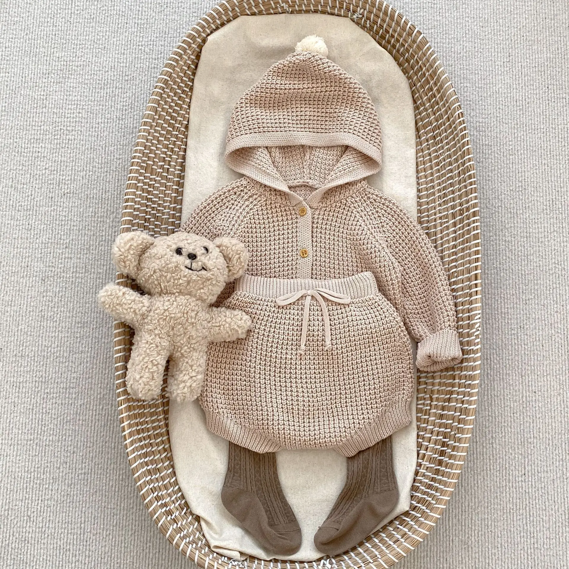 

Autumn Winter New Baby Clothes Infant Solid Knitted Cardigan Coat Or Shorts Toddler Baby Girl Cotton Hooded Sweater Short Pants