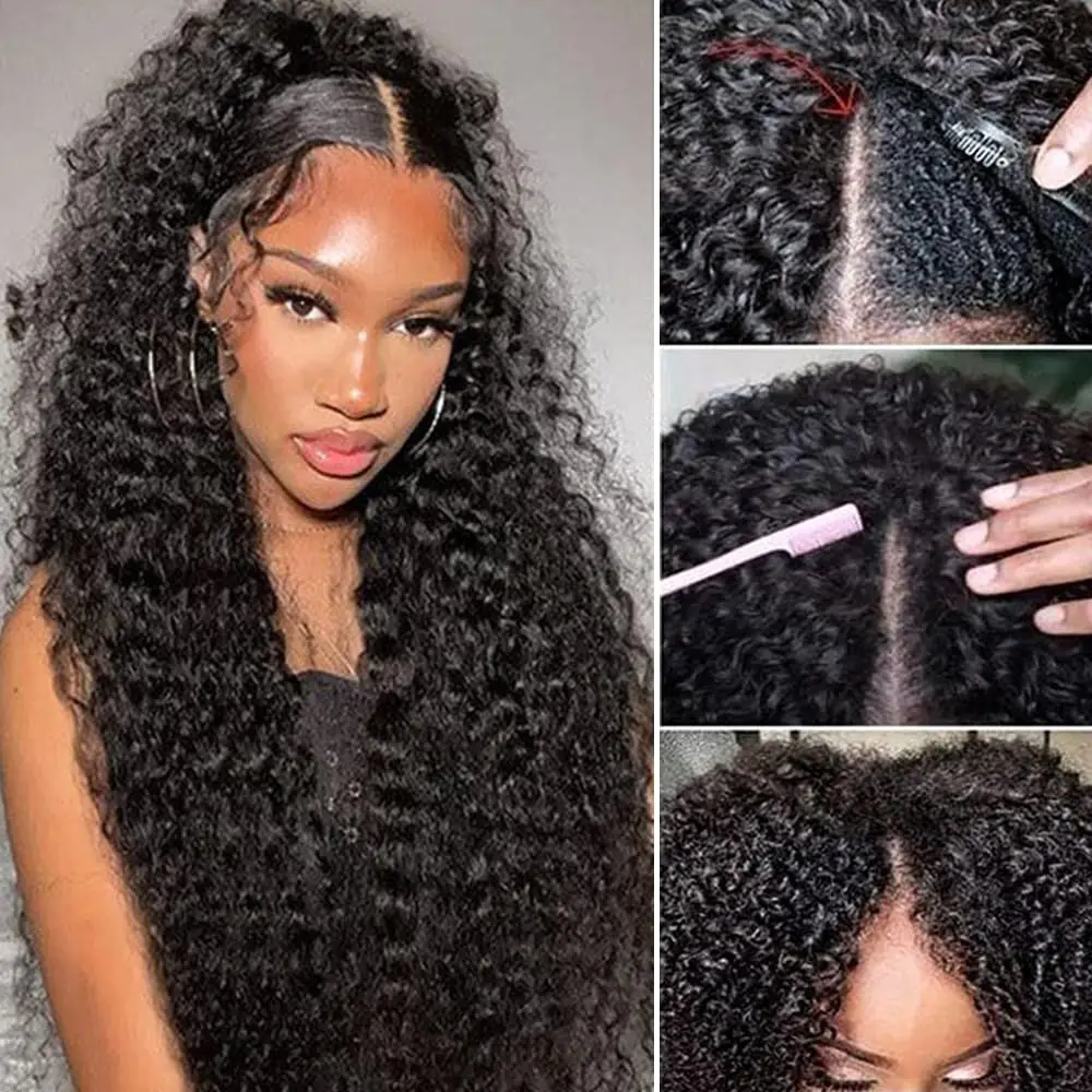 Deep Curly V Part Wig Human Hair Cheap Water Wave V Part Wig Human Hair 180% Density Cheap Curly Machine Made Wigs For Women