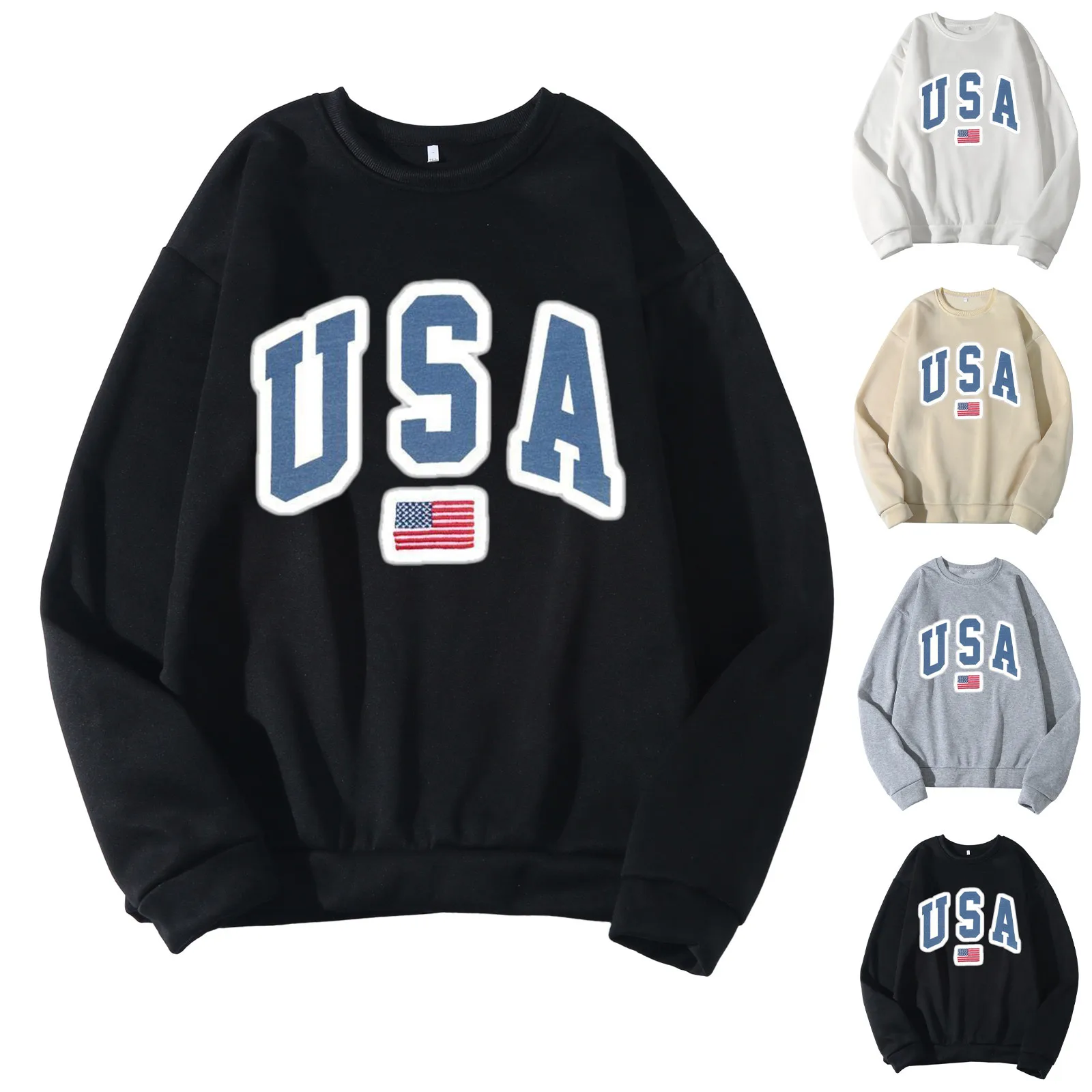 

USA Men Women Letter Graphic Print Round Neck Long Sleeve Tops Sweatshirt Jogging chic Exercise Hip- Korean style