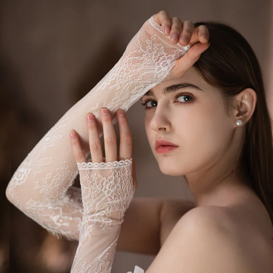 Yolev Guanti in pizzo da donna, eleganti guanti in tulle a rete floreale velato, lunghi fino al gomito anni '20, guanti da sposa per matrimoni, fidanzamenti, cocktail, cosplay, feste in maschera