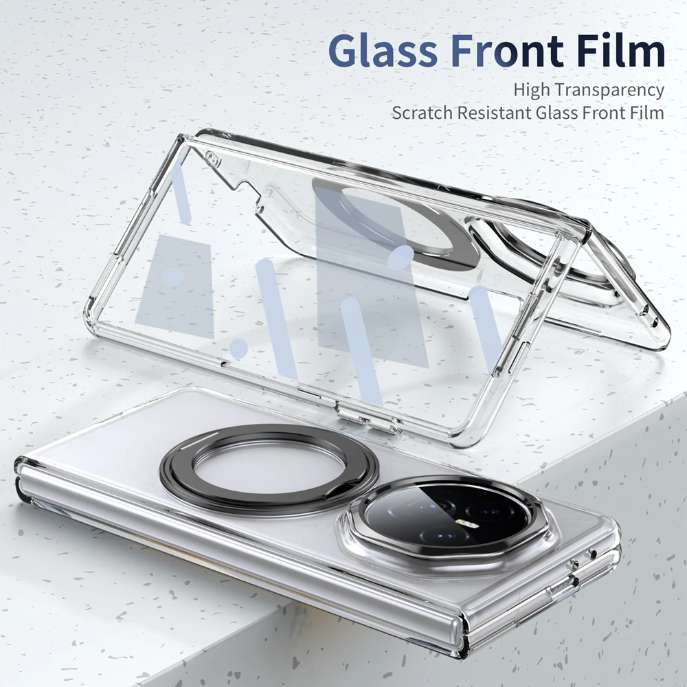 360° Rotating Magnetic Ring Stand Phone Case with Glass Screen Protector - Transparent Hard Shell