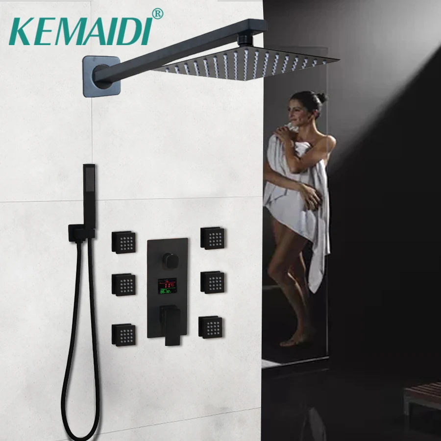 

KEMAIDI Matte Black Bathroom Shower Systerm LED Display Mixer Faucet Wall Mounted Rainfall Shower Head Bath Shower Faucet Set