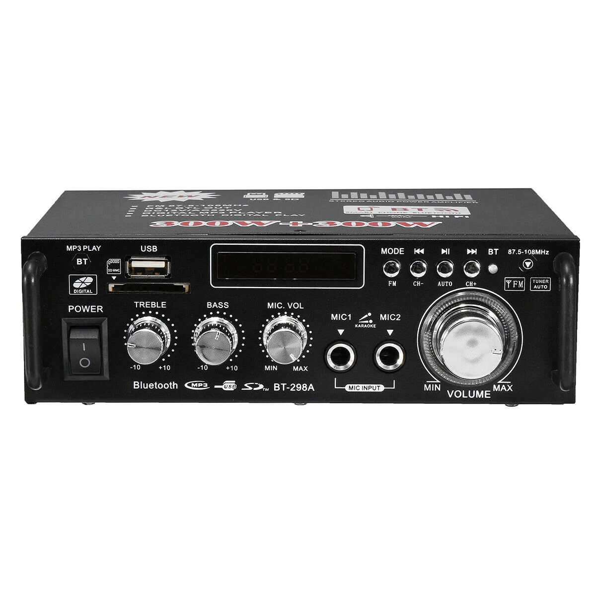 

12V/ 220V BT-298A 2CH LCD Display Digital HIFI Audio Stereo Power Amplifier Bluetooth FM Radio 600W for Car Home EU