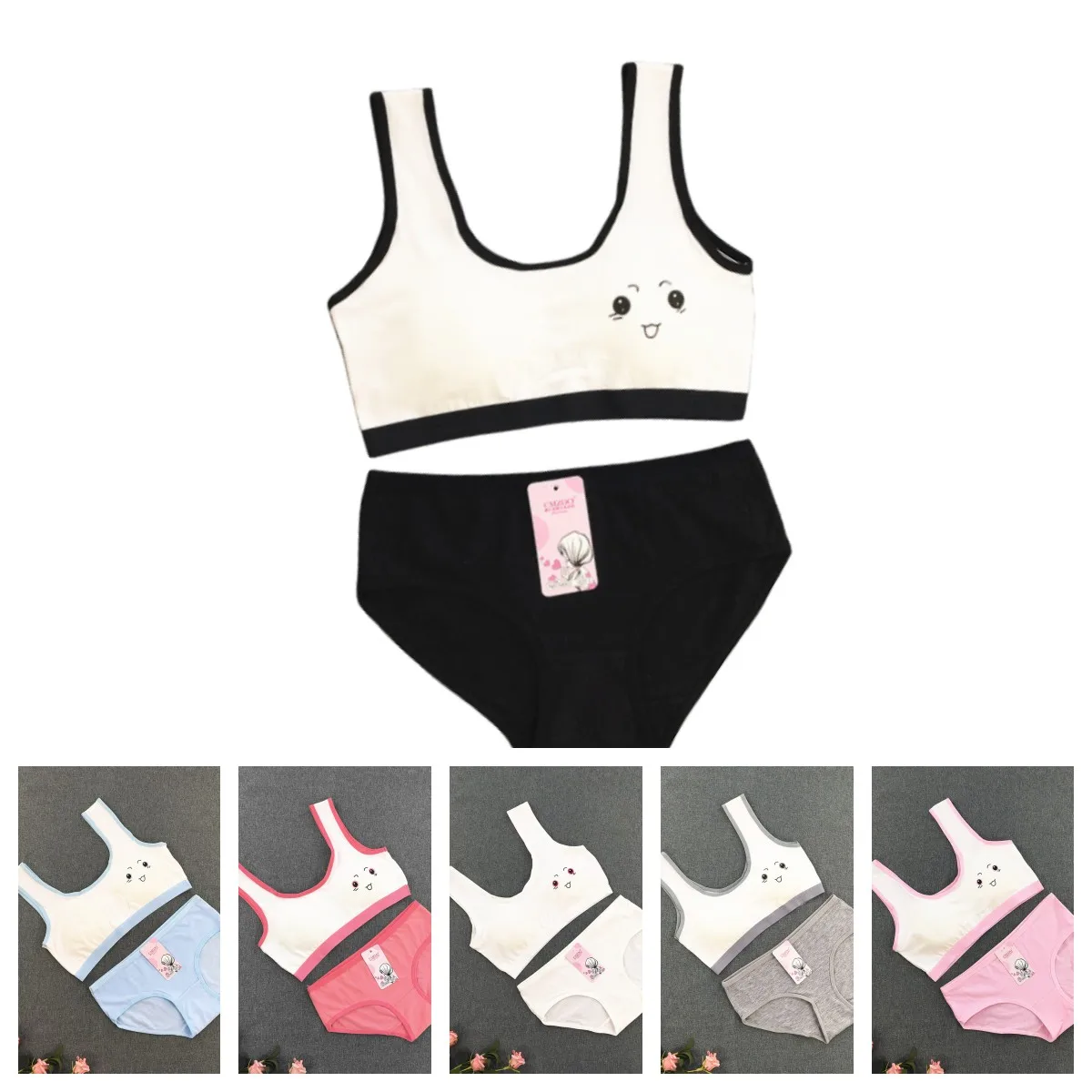 

Cute Smiling Face Girl Underwear Set Development Period Cotton Tank Top Style Sports Comfort Bra Set