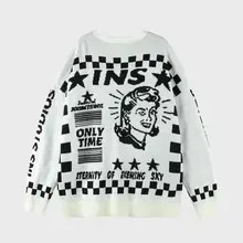  Checkered Pattern Sweater Fashion Trend American Retro Round Neck Portrait Jacquard Knit Sweater Couple Sweater 