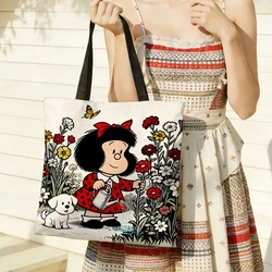 Vintage Cartoon Girl and Puppy Gardening Tote Bag with Vibrant Red Accents and Butterfly Details Featuring a Cute Watering Scene - 14.96inchX15.7inch (MBD70)