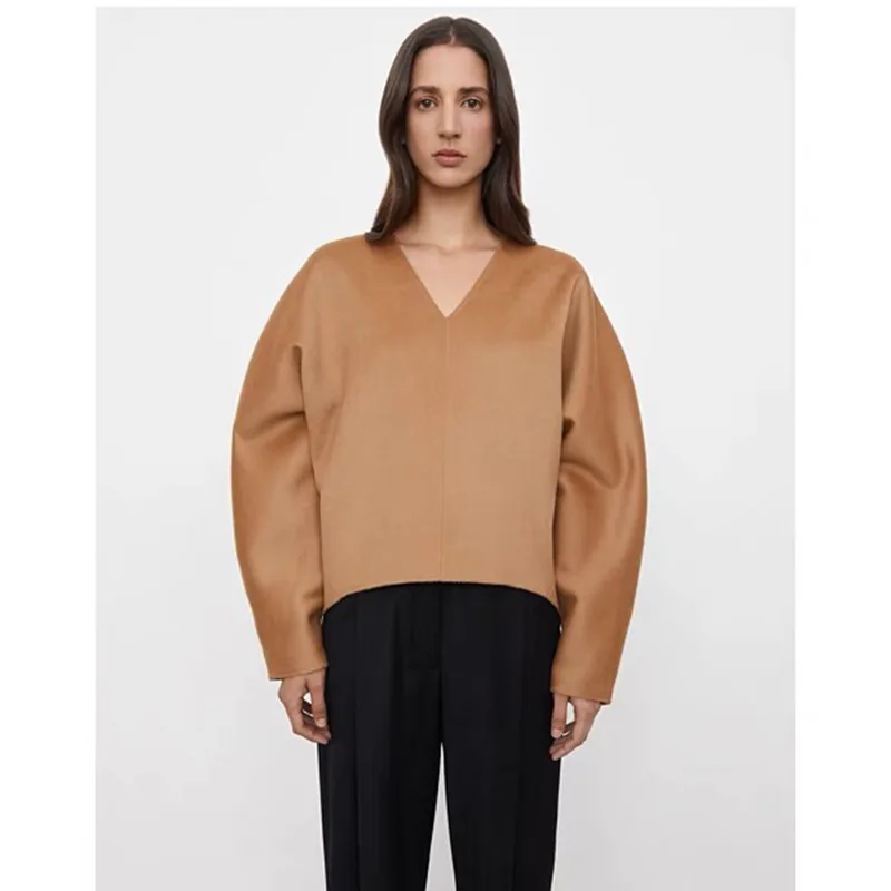 

T0te-Women's Double-Sided Wool Sweatshirt, Tweed Sweaters, Monochromatic Pullover, V-Neck, Minimalist Model, Spring, Autumn,