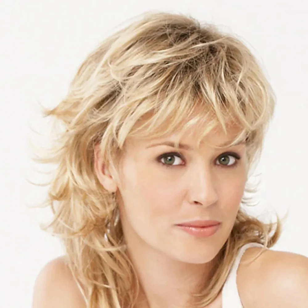 

Blonde Layered Wavy Costume Wigs For Women Synthetic Wig Curly Layered Haircut with Bangs Short Wigs with Bangs