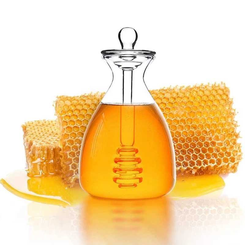 NICEFurniture 14 Oz Clear Honey Pot Glass Honey Jar with Dipper and Lid Cover for Home Kitchen 3