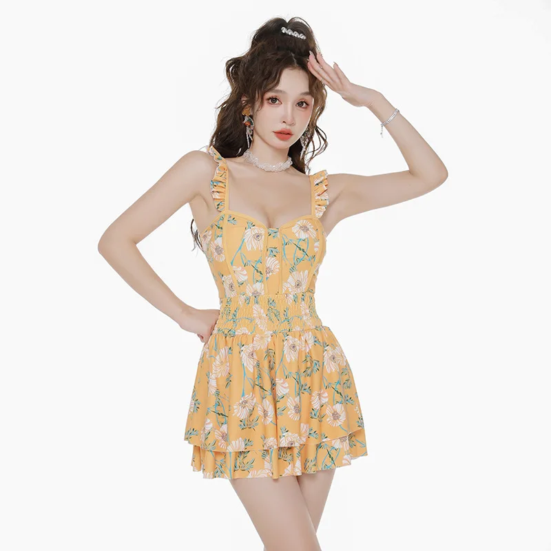 

One-Piece Skirt Swimwear Women 2023 New Korean Style Fresh Conservative Cover Belly Chest Boxer one piece swimsuit women