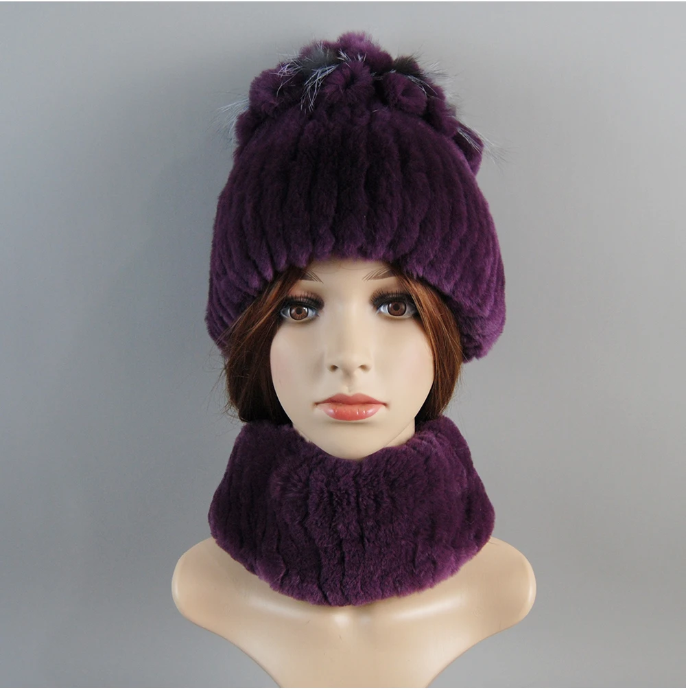 Real Rex Rabbit Fur Hat And Scarf Set Women Winter Knitted Beanie Hat Natural Fur Skullies Beanies Woman Hat Female Cap Elastic