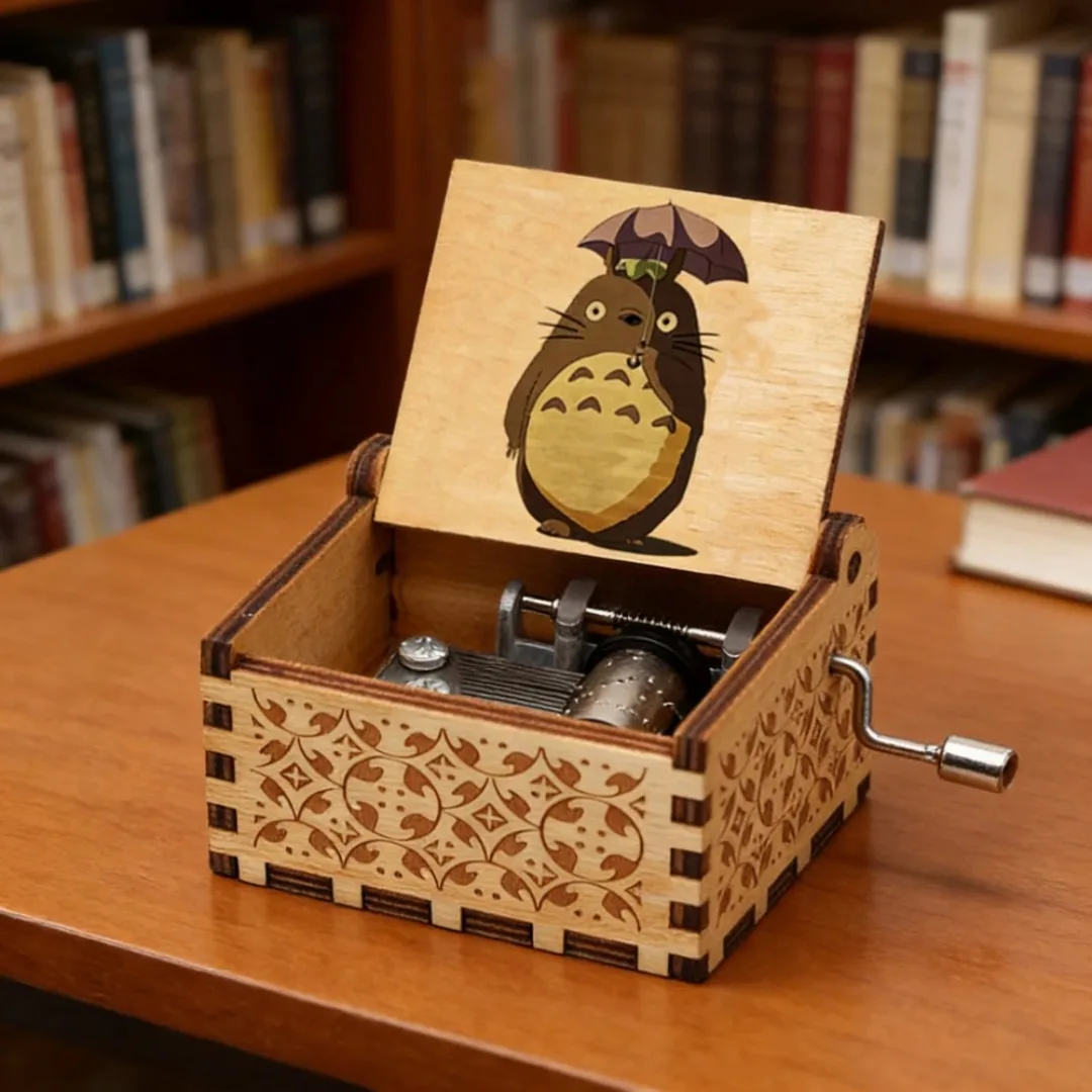 Whimsical Wooden Hand Crank Music Box - Vintage Anime-Inspired Engraved Keepsake and Home Decor Gift