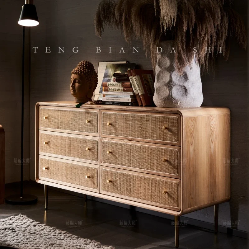 

Nordic Solid Wood Rattan Chest of Drawers Simple Modern Dining Side Drawer Storage Cabinet
