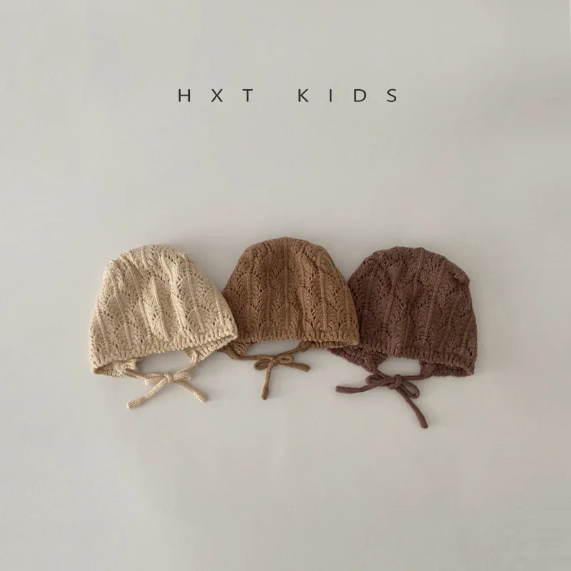 Fashion Retro Hollow Children Knitted Hats Handmade Crochet Flower Girls Parent-child Outdoor Cotton Hat 2024 Autumn Winter Caps 2