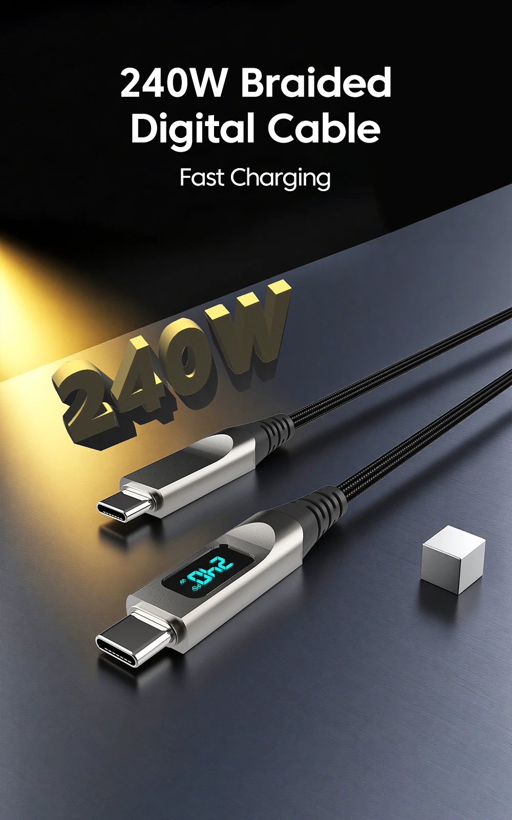 elough 240W Digital Display USB C to USB C Cable Zinc Alloy 5A Type C to Type C Cable Fast Charging for iPhone 15 16