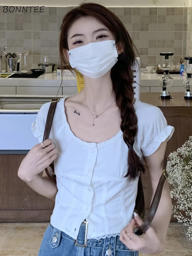 

Shirts Women Kawaii Students All-match Simple Leisure Attractive Popular Streetwear Japanese Style Classic O-neck Lace Fashion