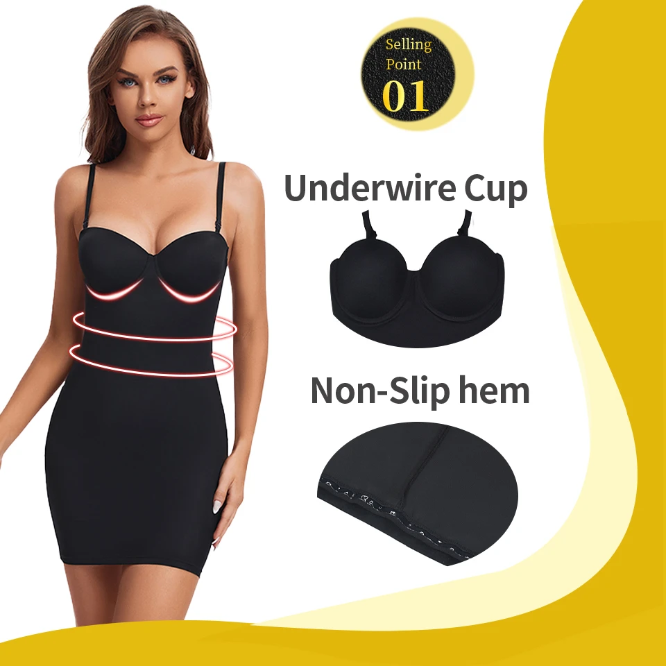 Description Picture 5 of itemSheath Flat Belly Woman Sexy Dress Slimming Body Female Shapewear Dresses Underwire Cup Black  Upgraded Non-slip Hem