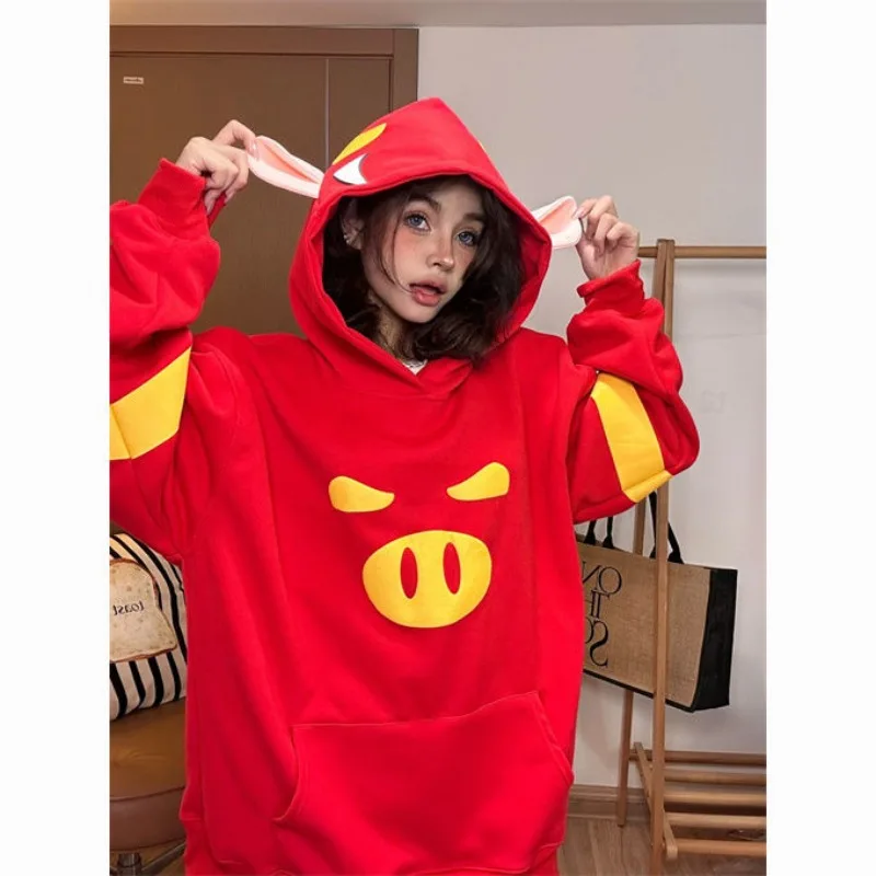 

Deeptown Harajuku Y2k Red Hoodies Women Kawaii Oversized Cute Anime Sweatshirts Hippie Couple Piggy Pullovers Female Streetwear