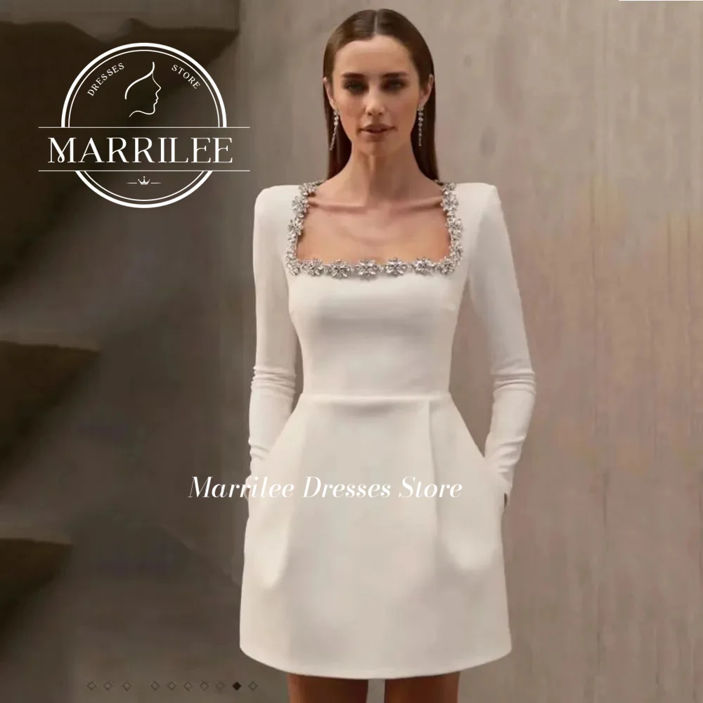 여성용 우아한 짧은 웨딩 드레스, 화이트 오픈 백 오프 숄더 새틴 플리츠 사이드 스플릿 신부 가운, 2024 9 Marrilee 우아한 미니 스퀘어 칼라 스팽글, 얼룩 이브닝 원피스 짧은 A 라인 긴 소매, 무릎 위 주름 공주 무도회 가운