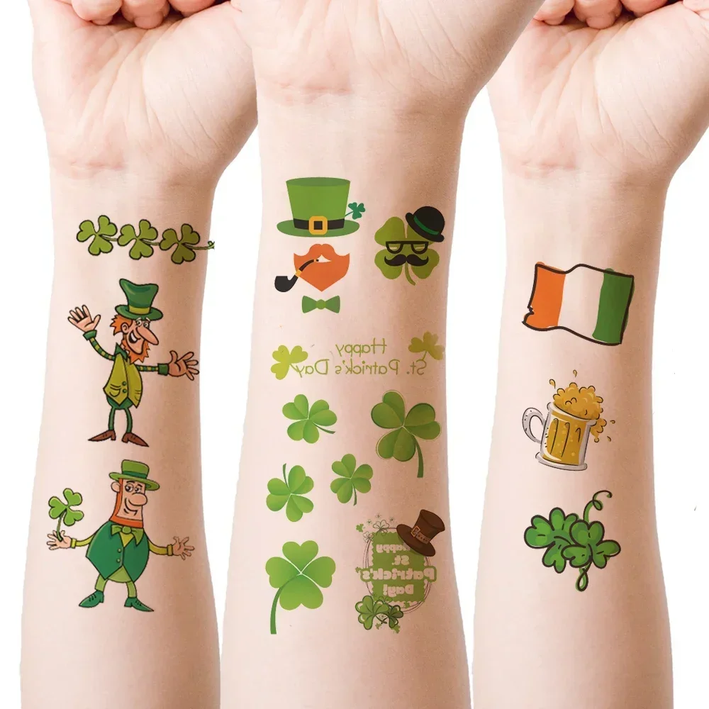 

Татуировки на день, 10 листов, татуировки на удачу, шамрок, пиво, гном, водостойкие наклейки с ирландским флагом, татуировки, удивительные наклейки на день ирландских СВ-образцов