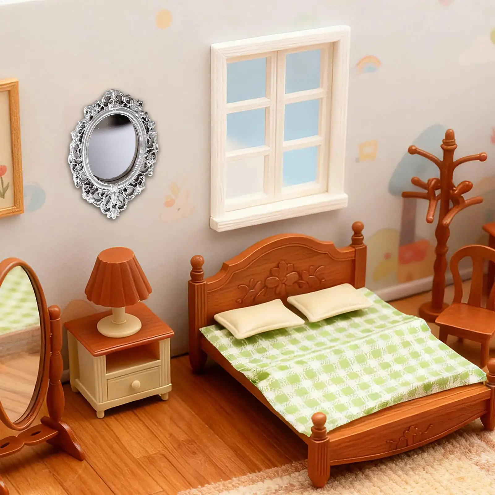 DIY 라운드 인형 집 장식품 미니어처 레트로 거울 1:12 스케일 인형 액세서리 Gloden Frames 소박한 수지 미적 방 장식