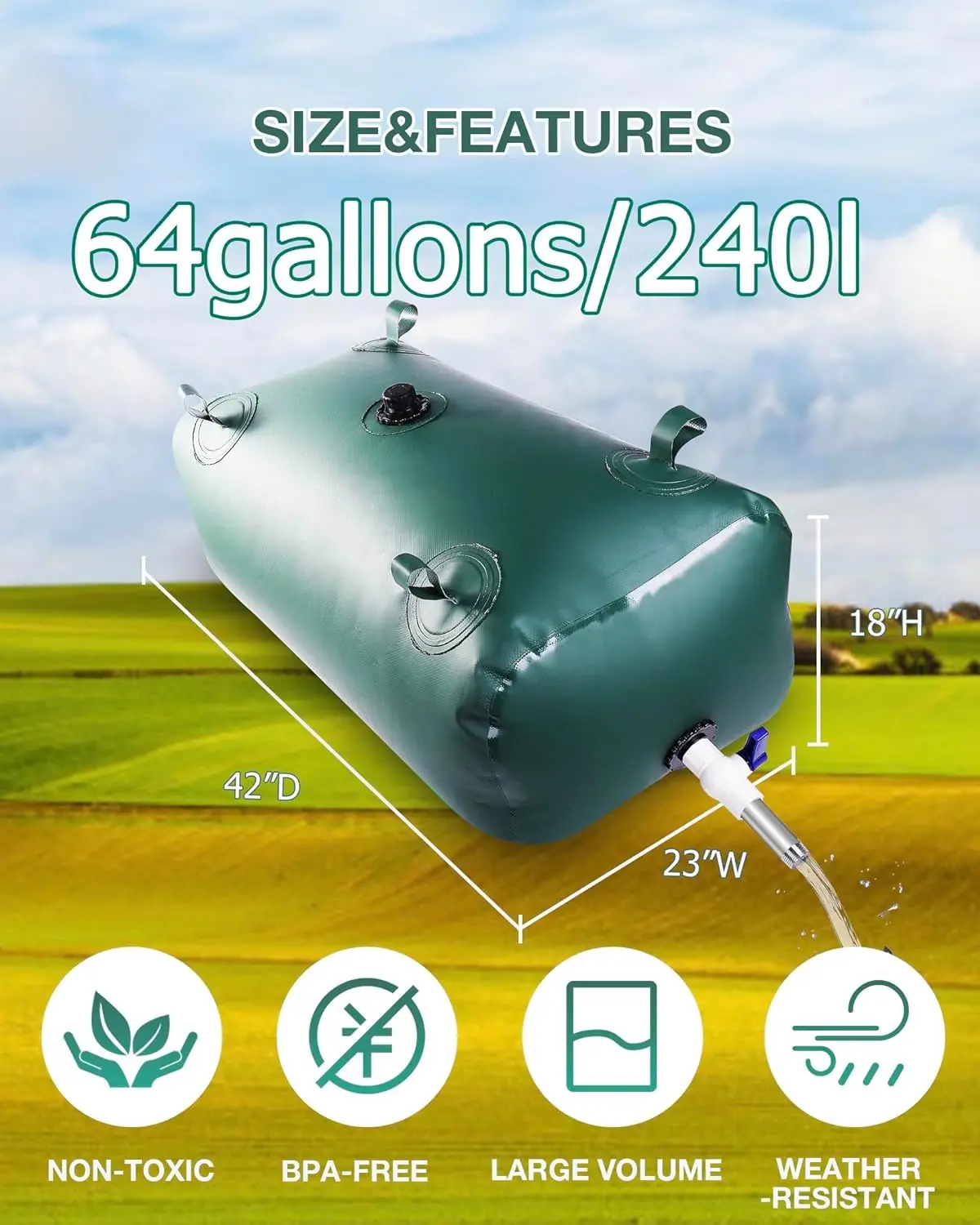 Portable 63.4 Gallon/240 Liter Water Container PVC Water Tank with Valve and Overflow Kit Ideal for Outdoor Picnic Emergency Use