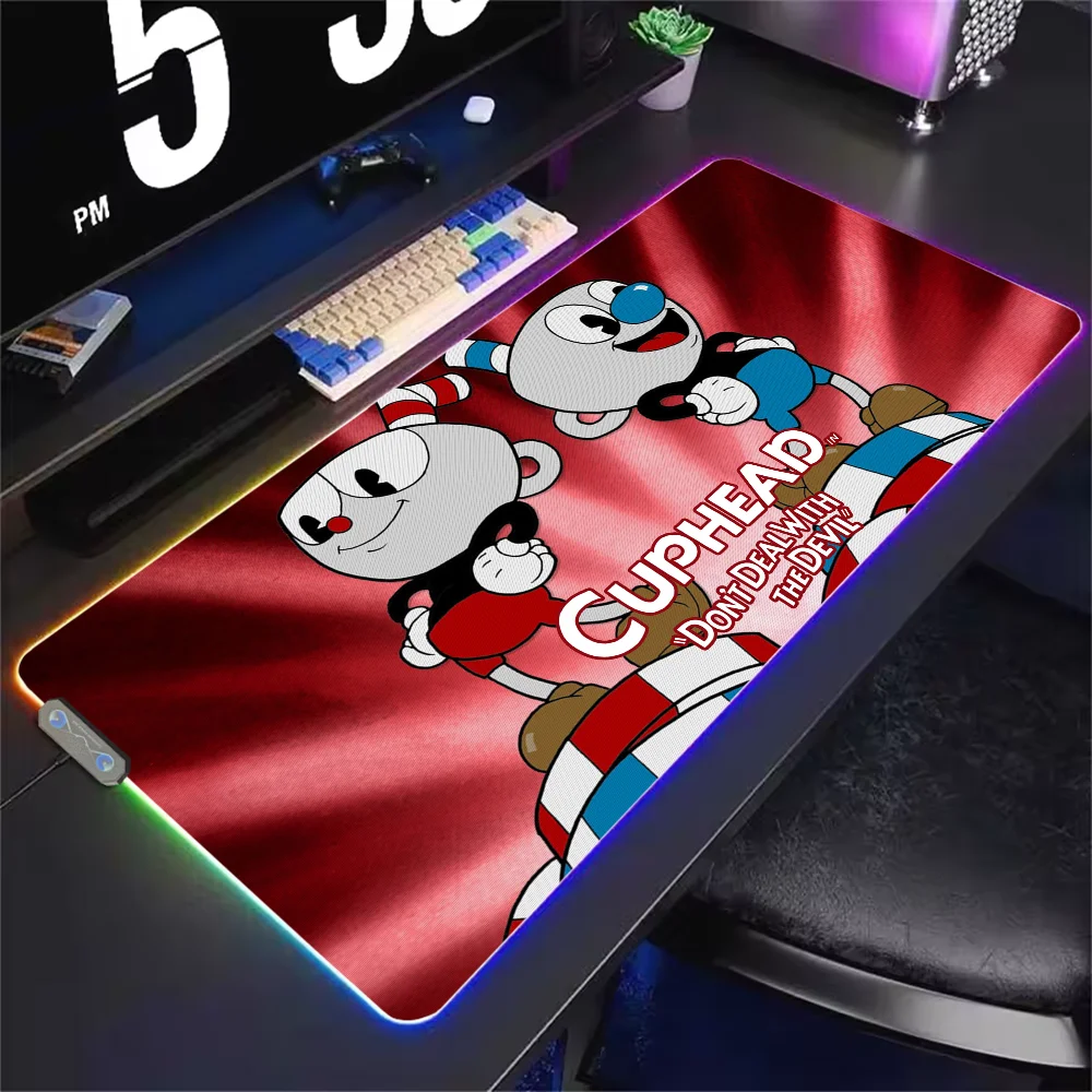 Mousepads Gaming MousePad LED Table Cuphead Pads Backlit Rubber Desktop XXL RGB Desk  Micro USB 2