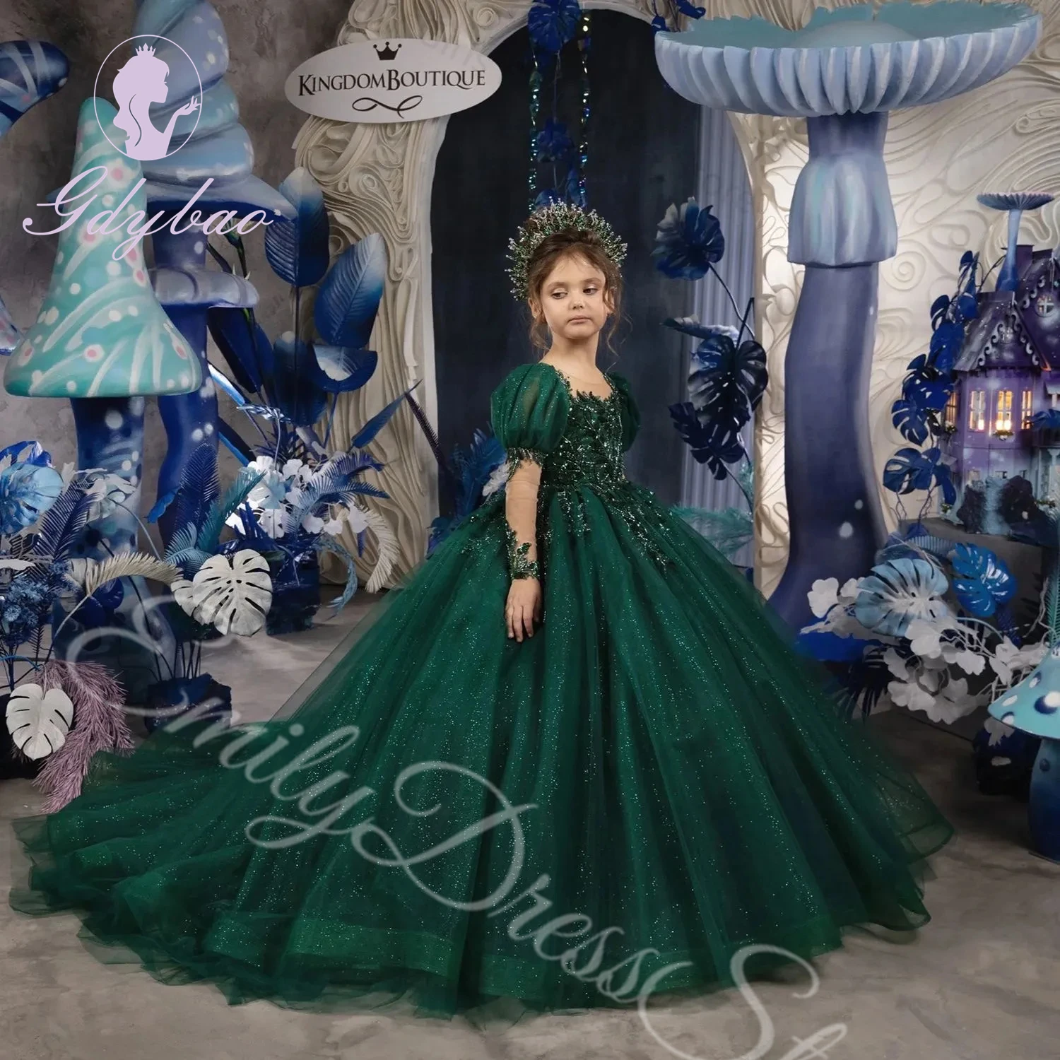 Customized Green Shining Flower Girl Dress For Wedding Applique Tulle Elegant O-neck Kids Birthday Party First Communion Gown
