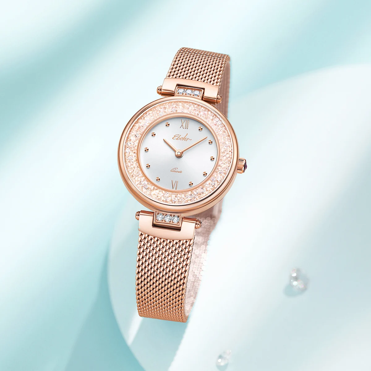 

Popular Diamond Watch Ladies Fashion Luxury Brand Gift for Women Japan Quartz Mesh band waterproof Wristwatches EBOHR Rose Gold