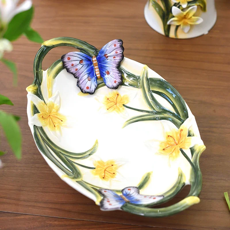 Hand Drawn Butterfly Orchid Ceramic Fruit Tray, Kitchen Storage Box, Sugar Jar, Living Room Dining Table Decoration Accessories 2