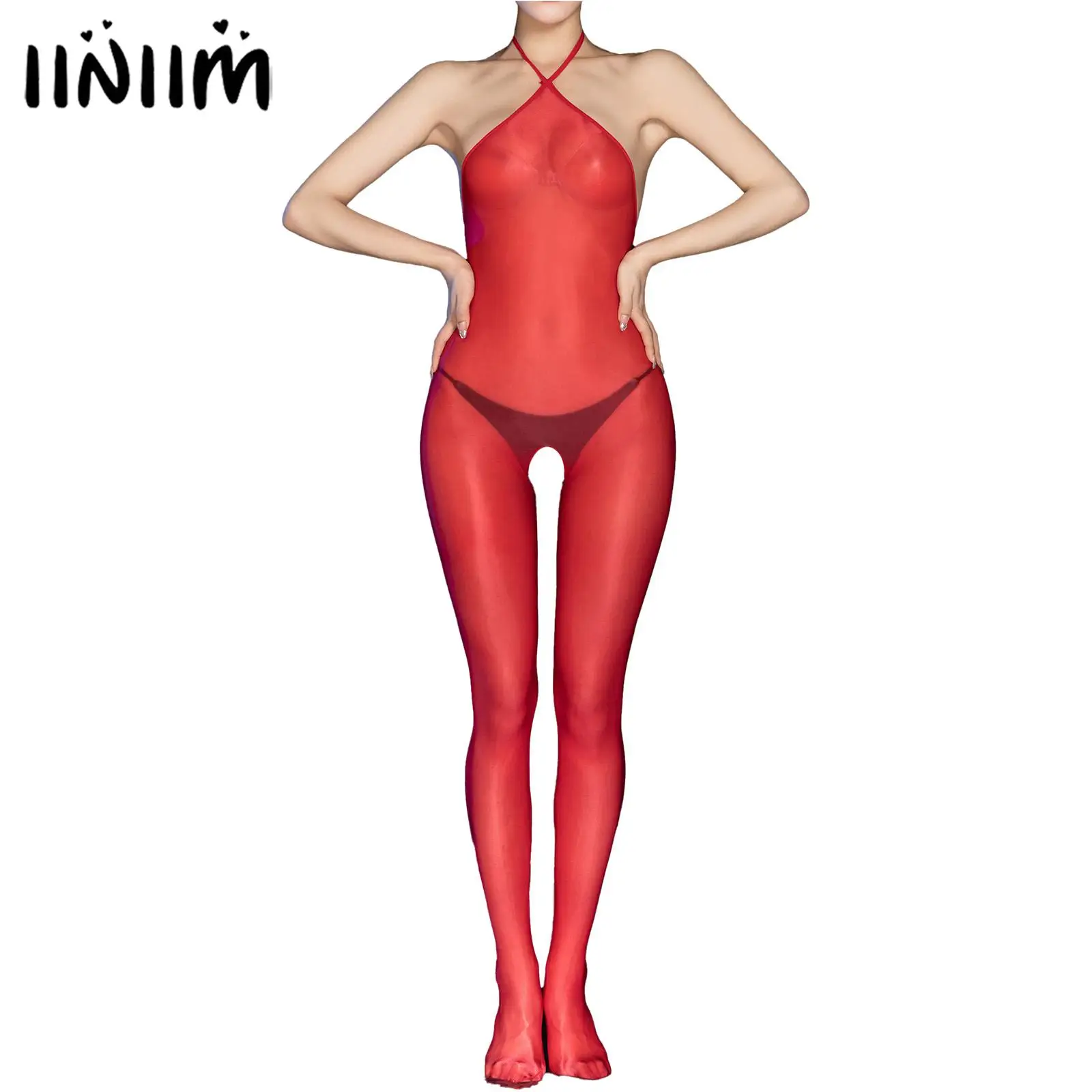 

Erotic Womens Halter Crotchless Backless Bodysuit See-Through Open Crotch Close-Fitting Jumpsuit Stretchy Catsuit Bodystocking