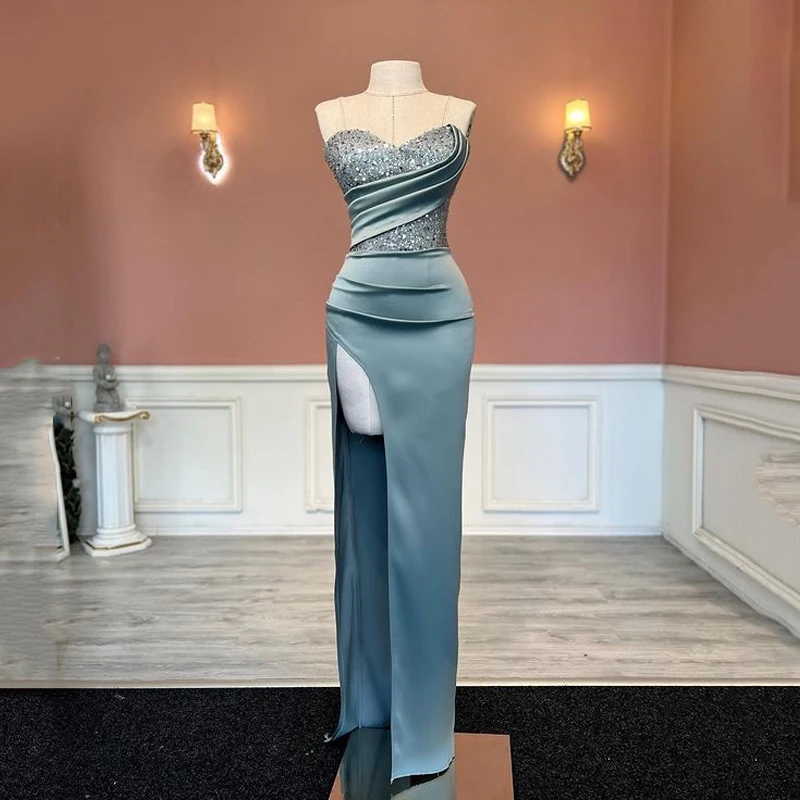 

Temperament Sequined Sweetheart Sea Blue Mermaid Prom Dresses Satin Party Dresses High Slit Evening Dresses Vestidos De Fiesta