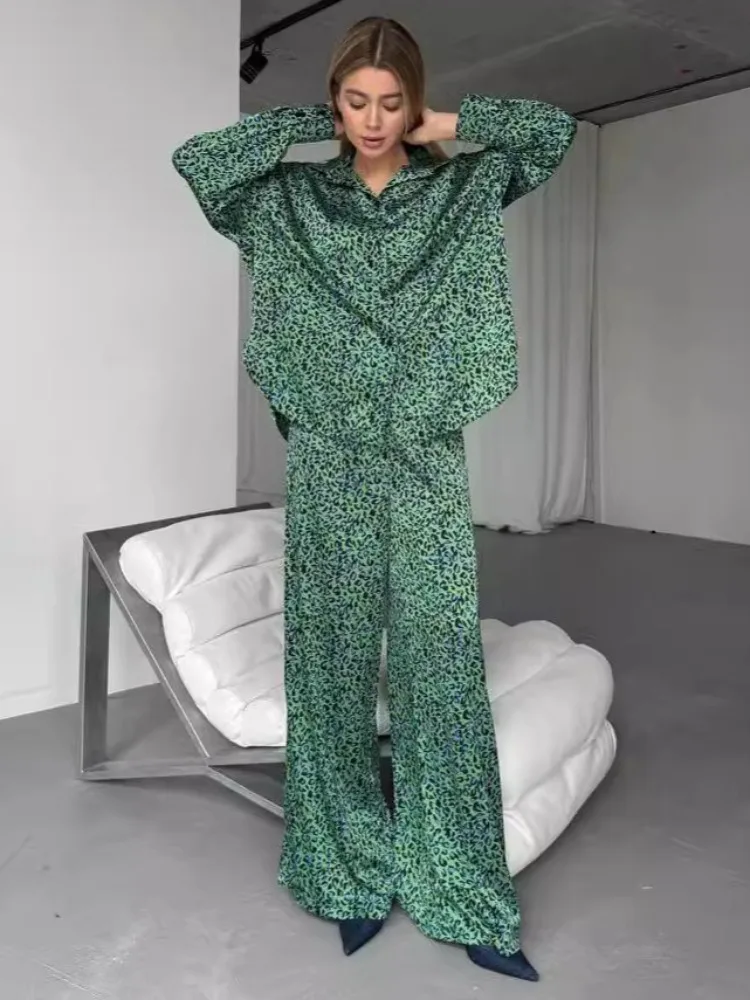 

2024 Green Printed Home Clothes 2-Piece Set Leopard Pajamas Women Autumn Loose Shirt Cardigan Top High Waist Wide Leg Pants Suit