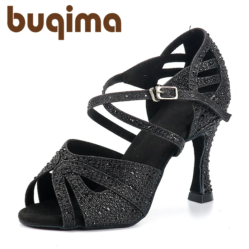 Buqima Rhinestone Latin Dance Shoes Tango Ballroom Dance Shoes Ladies High Heels Soft Sole Women Sandals Wedding Shoes Women