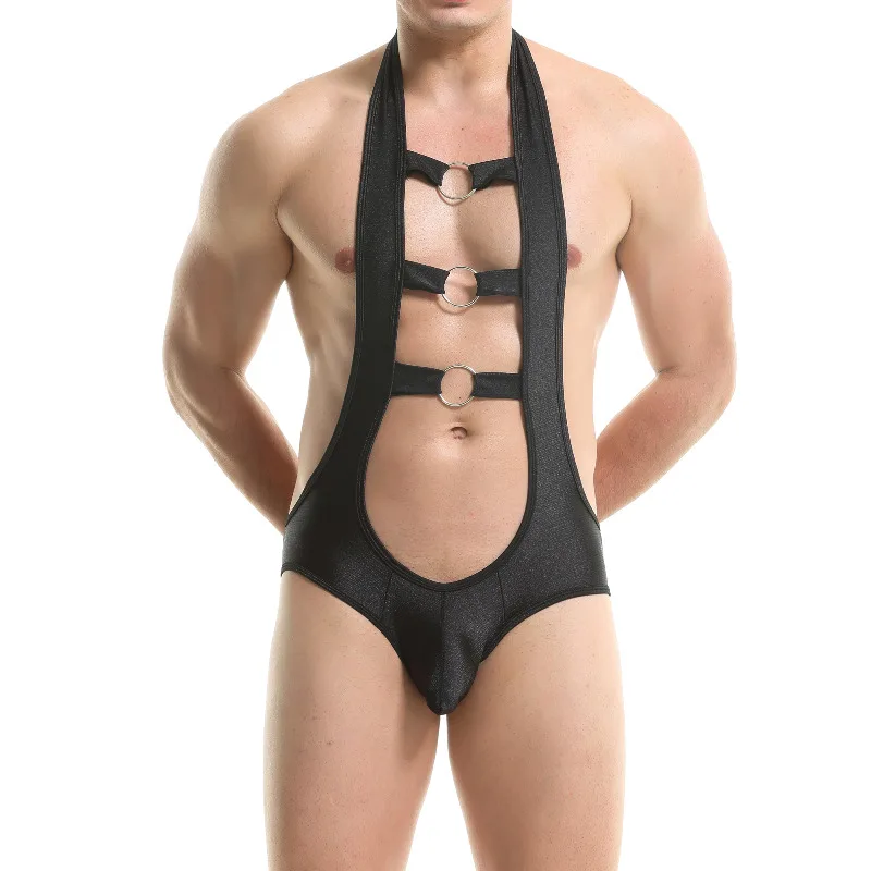 Mens Sexy Open Butt Bodysuit Wrestling Singlet Hollow Out Halter-neck Jumpsuit Nightwear Jockstrap Rompers Gay Erotic Underwear